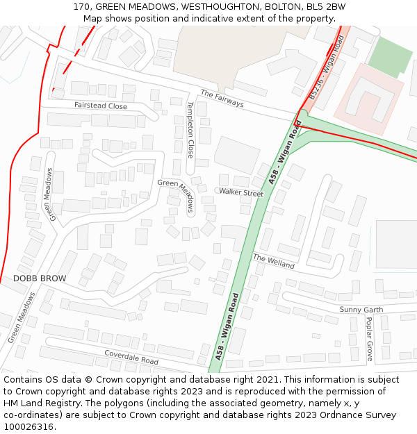 170, GREEN MEADOWS, WESTHOUGHTON, BOLTON, BL5 2BW: Location map and indicative extent of plot