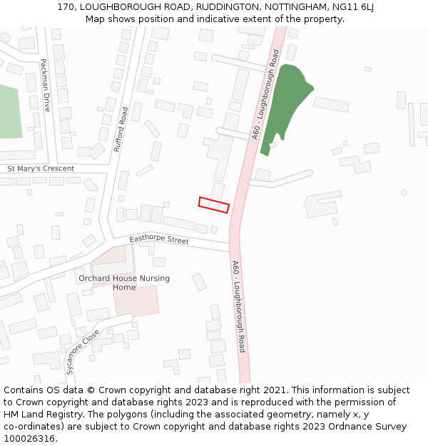 170, LOUGHBOROUGH ROAD, RUDDINGTON, NOTTINGHAM, NG11 6LJ: Location map and indicative extent of plot