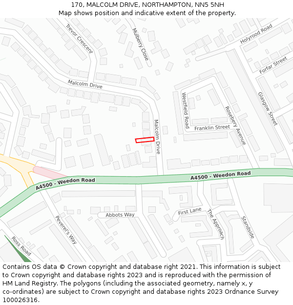170, MALCOLM DRIVE, NORTHAMPTON, NN5 5NH: Location map and indicative extent of plot