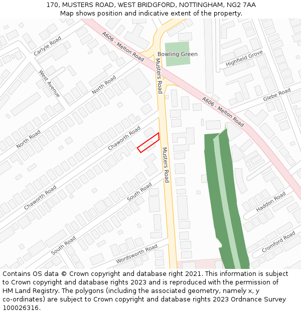 170, MUSTERS ROAD, WEST BRIDGFORD, NOTTINGHAM, NG2 7AA: Location map and indicative extent of plot