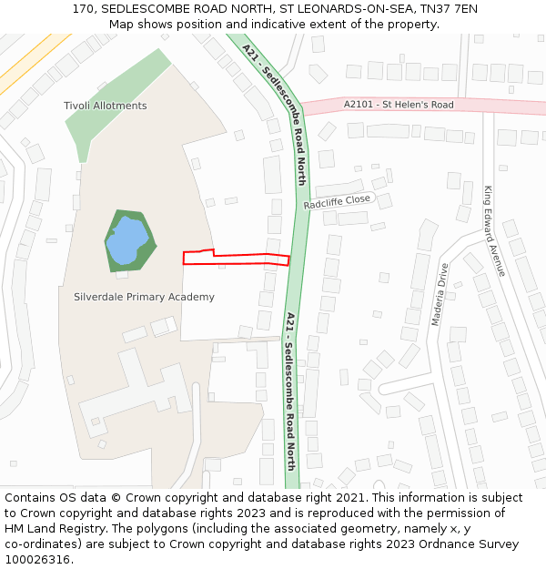 170, SEDLESCOMBE ROAD NORTH, ST LEONARDS-ON-SEA, TN37 7EN: Location map and indicative extent of plot