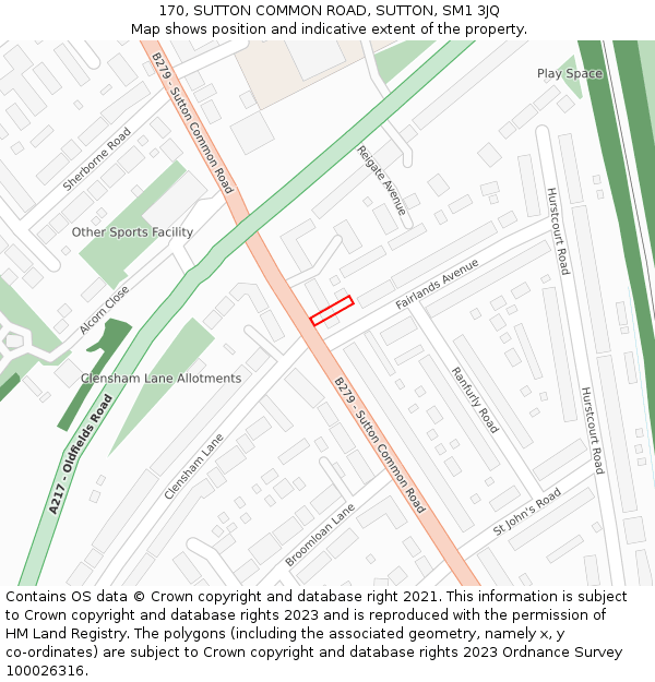 170, SUTTON COMMON ROAD, SUTTON, SM1 3JQ: Location map and indicative extent of plot