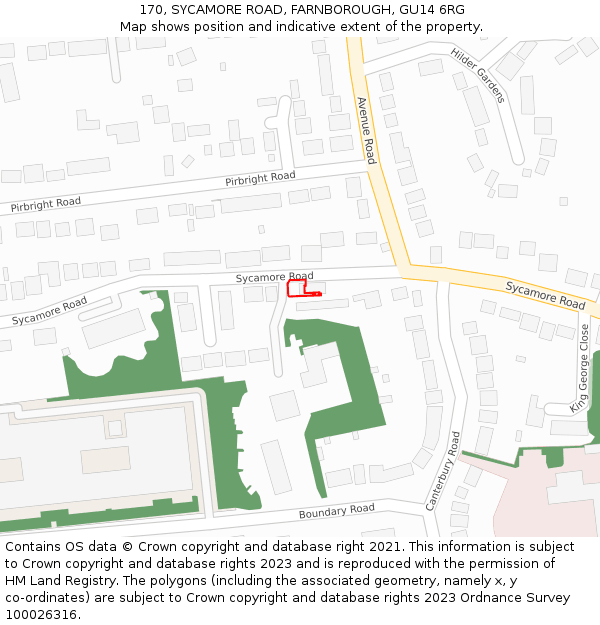 170, SYCAMORE ROAD, FARNBOROUGH, GU14 6RG: Location map and indicative extent of plot