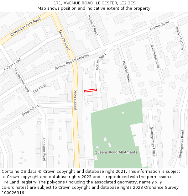 171, AVENUE ROAD, LEICESTER, LE2 3ES: Location map and indicative extent of plot