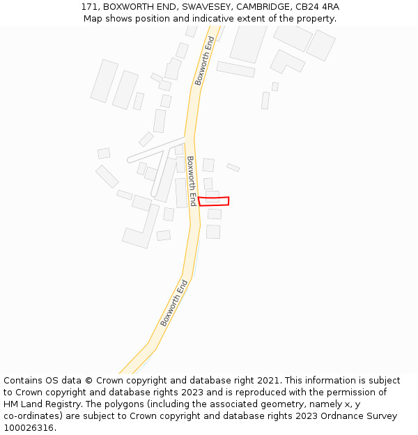 171, BOXWORTH END, SWAVESEY, CAMBRIDGE, CB24 4RA: Location map and indicative extent of plot