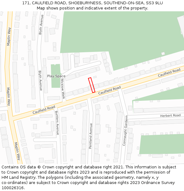 171, CAULFIELD ROAD, SHOEBURYNESS, SOUTHEND-ON-SEA, SS3 9LU: Location map and indicative extent of plot