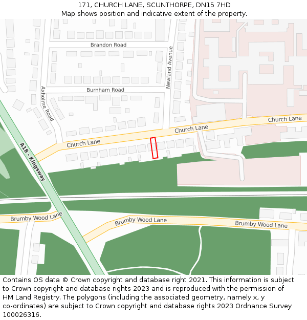 171, CHURCH LANE, SCUNTHORPE, DN15 7HD: Location map and indicative extent of plot