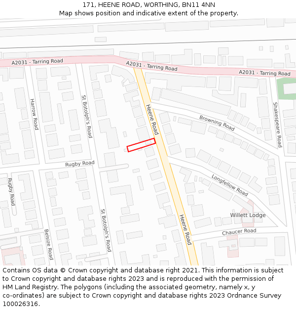 171, HEENE ROAD, WORTHING, BN11 4NN: Location map and indicative extent of plot
