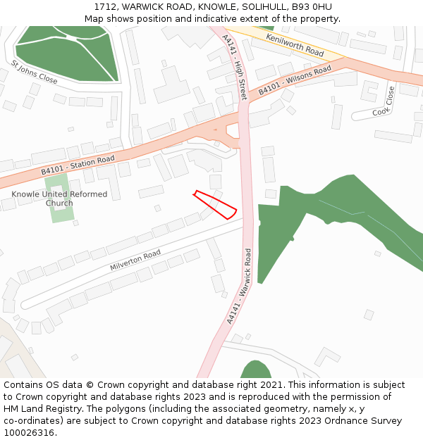 1712, WARWICK ROAD, KNOWLE, SOLIHULL, B93 0HU: Location map and indicative extent of plot