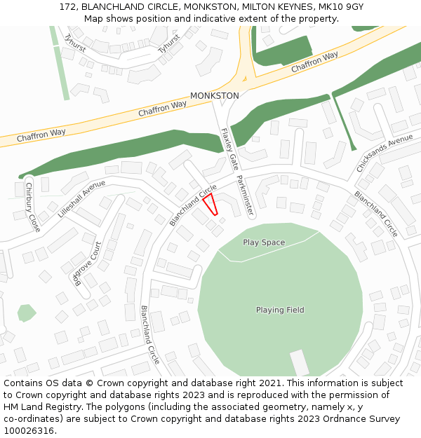 172, BLANCHLAND CIRCLE, MONKSTON, MILTON KEYNES, MK10 9GY: Location map and indicative extent of plot