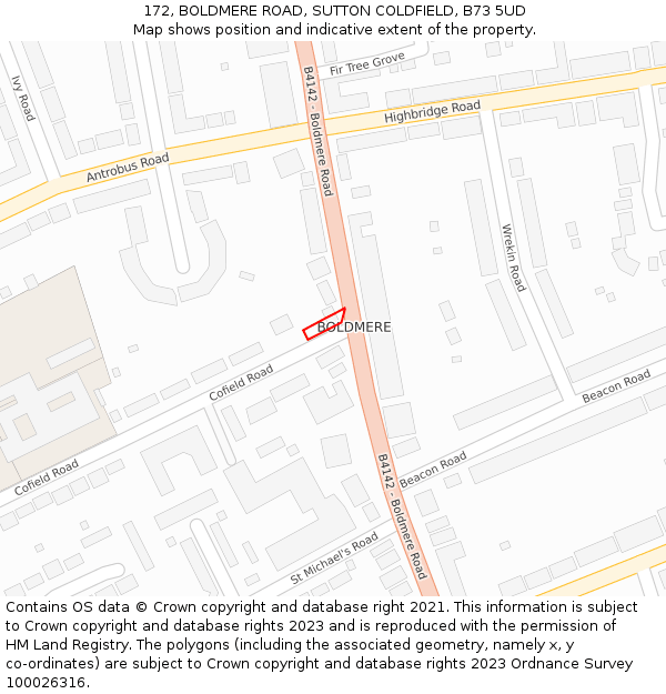 172, BOLDMERE ROAD, SUTTON COLDFIELD, B73 5UD: Location map and indicative extent of plot