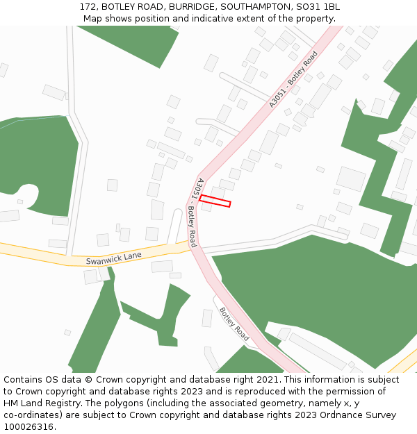 172, BOTLEY ROAD, BURRIDGE, SOUTHAMPTON, SO31 1BL: Location map and indicative extent of plot
