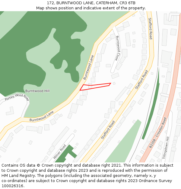 172, BURNTWOOD LANE, CATERHAM, CR3 6TB: Location map and indicative extent of plot