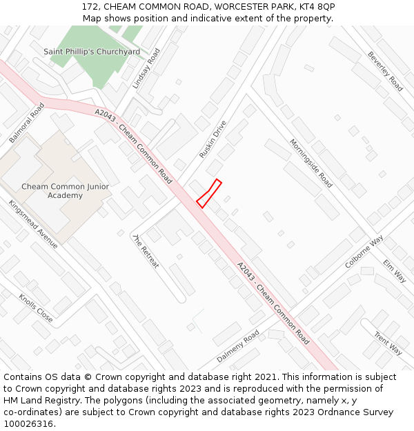 172, CHEAM COMMON ROAD, WORCESTER PARK, KT4 8QP: Location map and indicative extent of plot