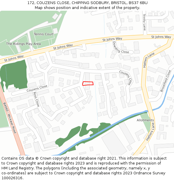 172, COUZENS CLOSE, CHIPPING SODBURY, BRISTOL, BS37 6BU: Location map and indicative extent of plot