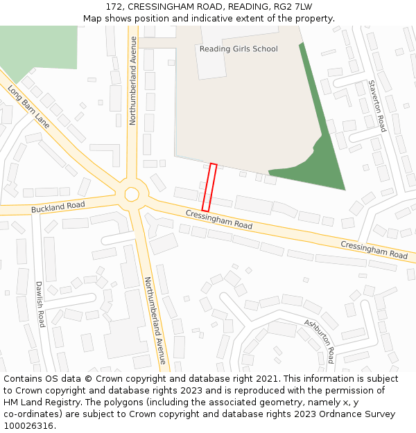 172, CRESSINGHAM ROAD, READING, RG2 7LW: Location map and indicative extent of plot