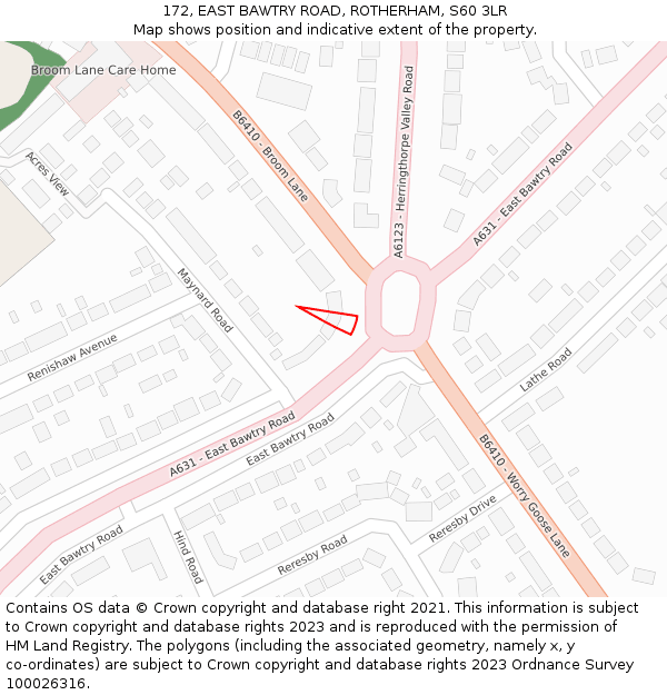 172, EAST BAWTRY ROAD, ROTHERHAM, S60 3LR: Location map and indicative extent of plot