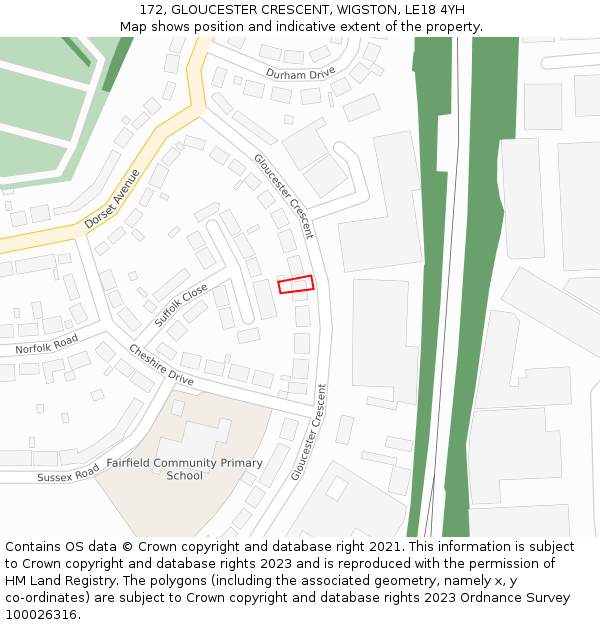 172, GLOUCESTER CRESCENT, WIGSTON, LE18 4YH: Location map and indicative extent of plot