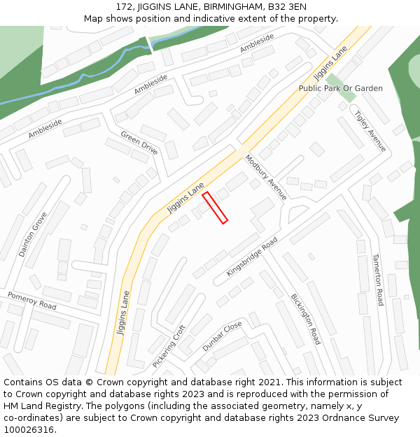 172, JIGGINS LANE, BIRMINGHAM, B32 3EN: Location map and indicative extent of plot