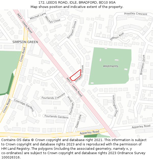 172, LEEDS ROAD, IDLE, BRADFORD, BD10 9SA: Location map and indicative extent of plot