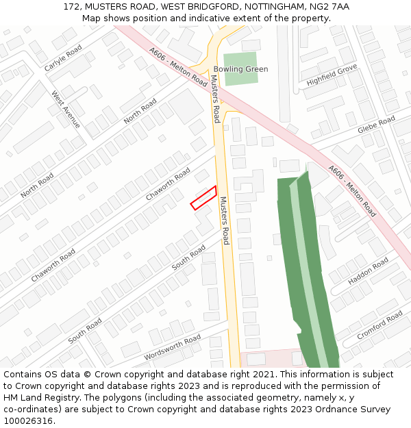 172, MUSTERS ROAD, WEST BRIDGFORD, NOTTINGHAM, NG2 7AA: Location map and indicative extent of plot