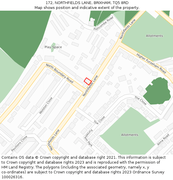 172, NORTHFIELDS LANE, BRIXHAM, TQ5 8RD: Location map and indicative extent of plot