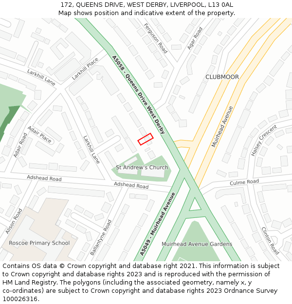 172, QUEENS DRIVE, WEST DERBY, LIVERPOOL, L13 0AL: Location map and indicative extent of plot