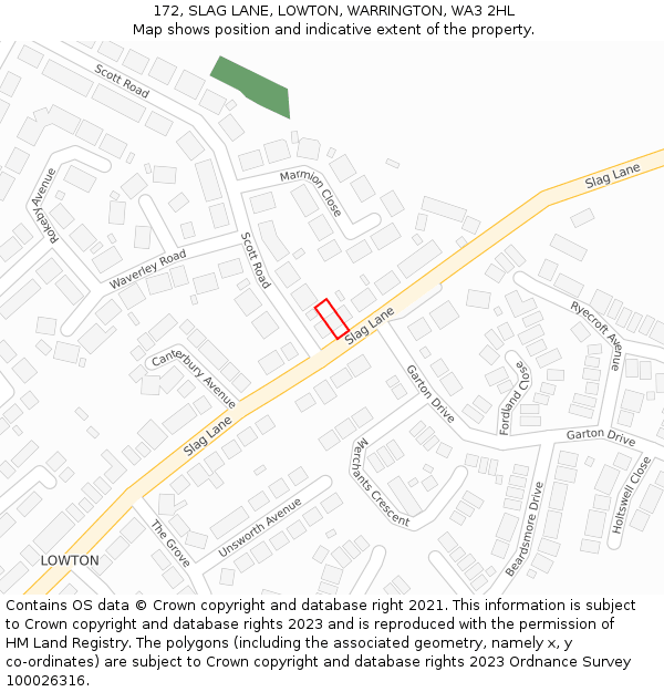 172, SLAG LANE, LOWTON, WARRINGTON, WA3 2HL: Location map and indicative extent of plot