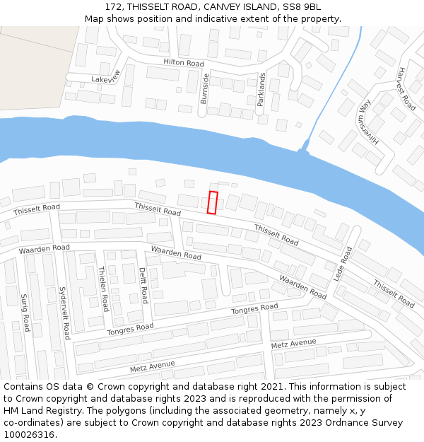172, THISSELT ROAD, CANVEY ISLAND, SS8 9BL: Location map and indicative extent of plot