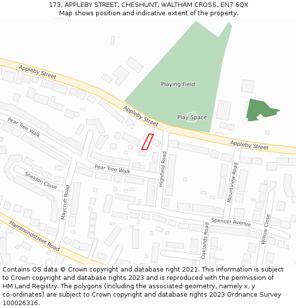 173, APPLEBY STREET, CHESHUNT, WALTHAM CROSS, EN7 6QX: Location map and indicative extent of plot