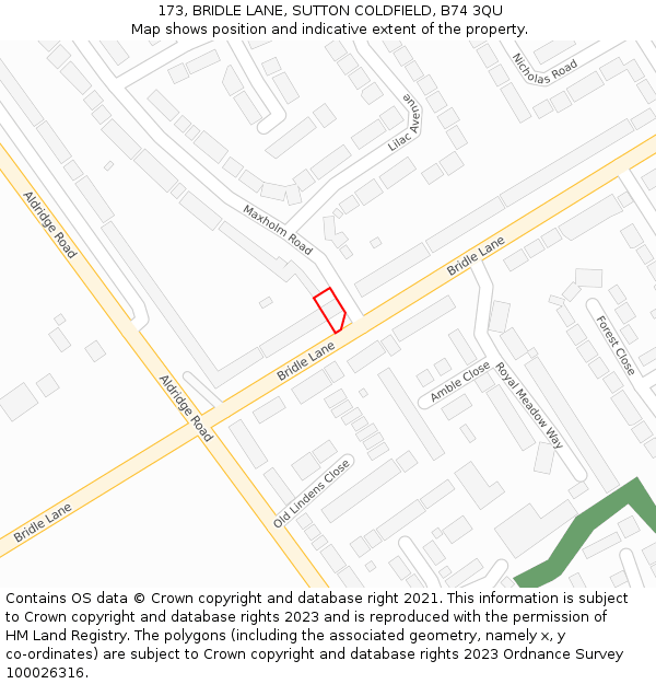 173, BRIDLE LANE, SUTTON COLDFIELD, B74 3QU: Location map and indicative extent of plot