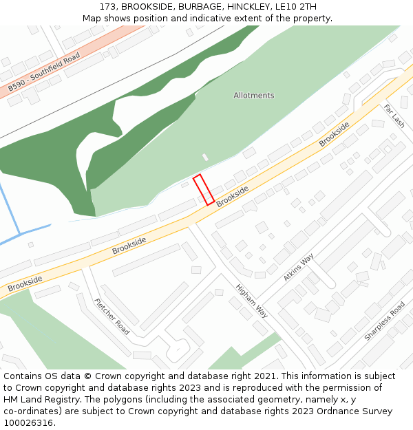 173, BROOKSIDE, BURBAGE, HINCKLEY, LE10 2TH: Location map and indicative extent of plot