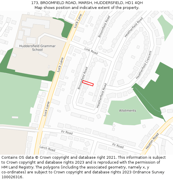 173, BROOMFIELD ROAD, MARSH, HUDDERSFIELD, HD1 4QH: Location map and indicative extent of plot