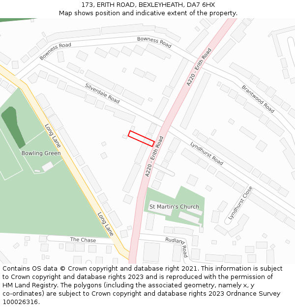 173, ERITH ROAD, BEXLEYHEATH, DA7 6HX: Location map and indicative extent of plot