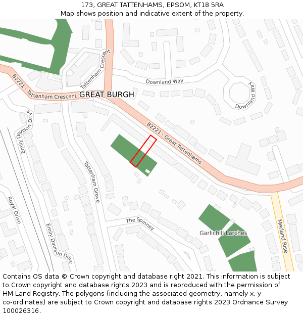 173, GREAT TATTENHAMS, EPSOM, KT18 5RA: Location map and indicative extent of plot