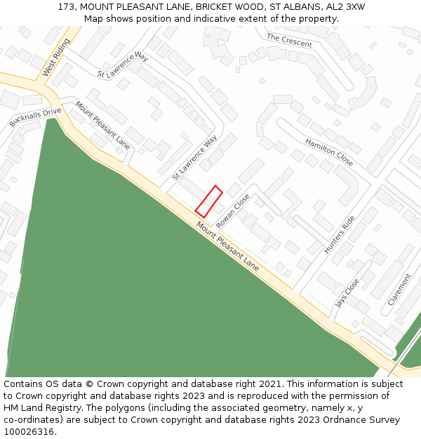 173, MOUNT PLEASANT LANE, BRICKET WOOD, ST ALBANS, AL2 3XW: Location map and indicative extent of plot