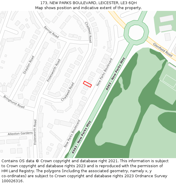 173, NEW PARKS BOULEVARD, LEICESTER, LE3 6QH: Location map and indicative extent of plot