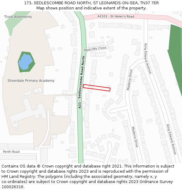 173, SEDLESCOMBE ROAD NORTH, ST LEONARDS-ON-SEA, TN37 7ER: Location map and indicative extent of plot