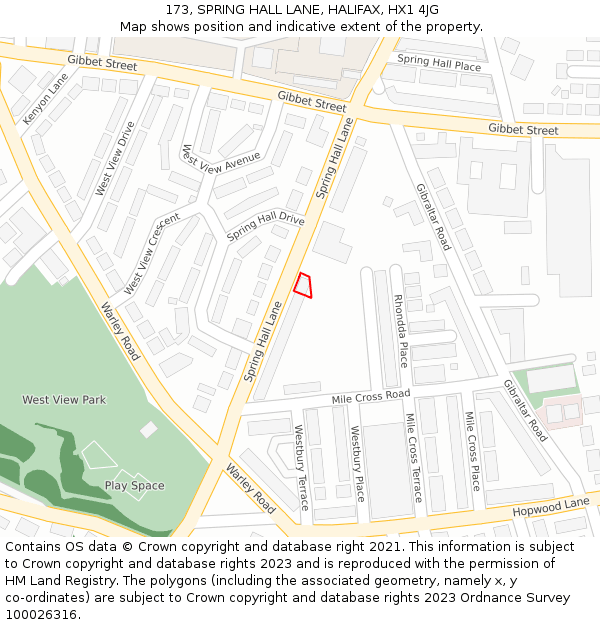 173, SPRING HALL LANE, HALIFAX, HX1 4JG: Location map and indicative extent of plot