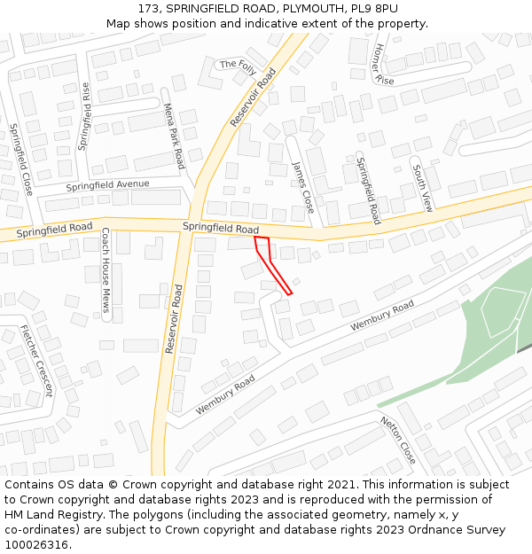 173, SPRINGFIELD ROAD, PLYMOUTH, PL9 8PU: Location map and indicative extent of plot