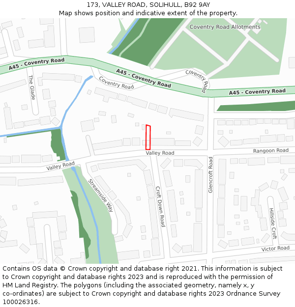 173, VALLEY ROAD, SOLIHULL, B92 9AY: Location map and indicative extent of plot