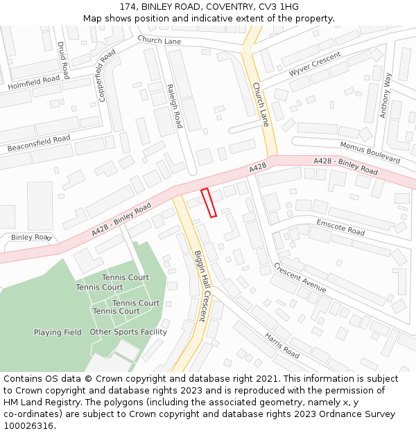 174, BINLEY ROAD, COVENTRY, CV3 1HG: Location map and indicative extent of plot