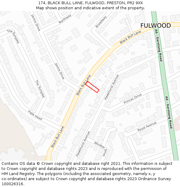 174, BLACK BULL LANE, FULWOOD, PRESTON, PR2 9XX: Location map and indicative extent of plot