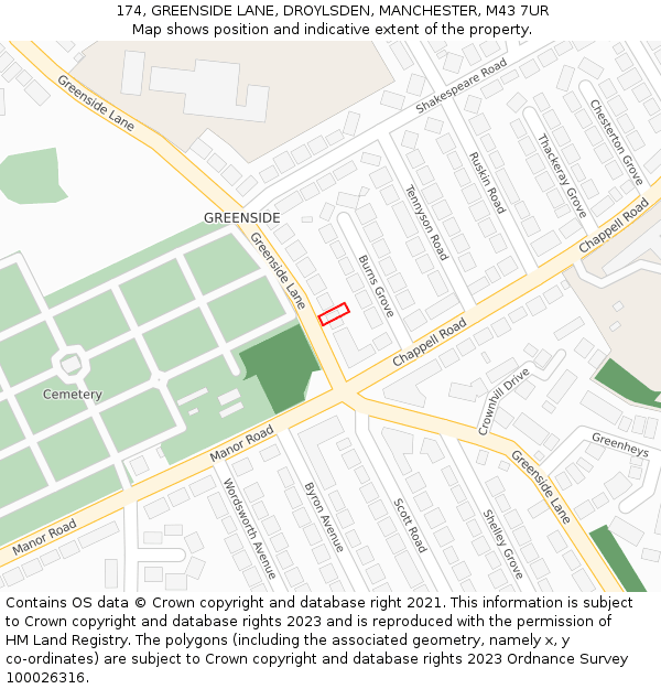 174, GREENSIDE LANE, DROYLSDEN, MANCHESTER, M43 7UR: Location map and indicative extent of plot