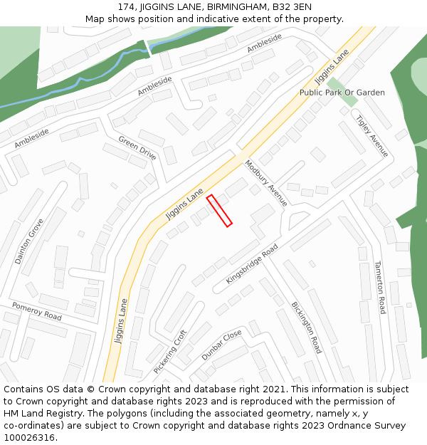 174, JIGGINS LANE, BIRMINGHAM, B32 3EN: Location map and indicative extent of plot