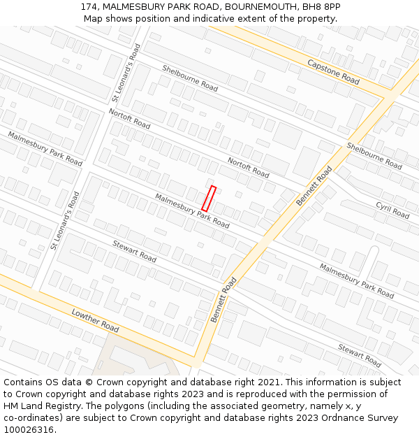 174, MALMESBURY PARK ROAD, BOURNEMOUTH, BH8 8PP: Location map and indicative extent of plot