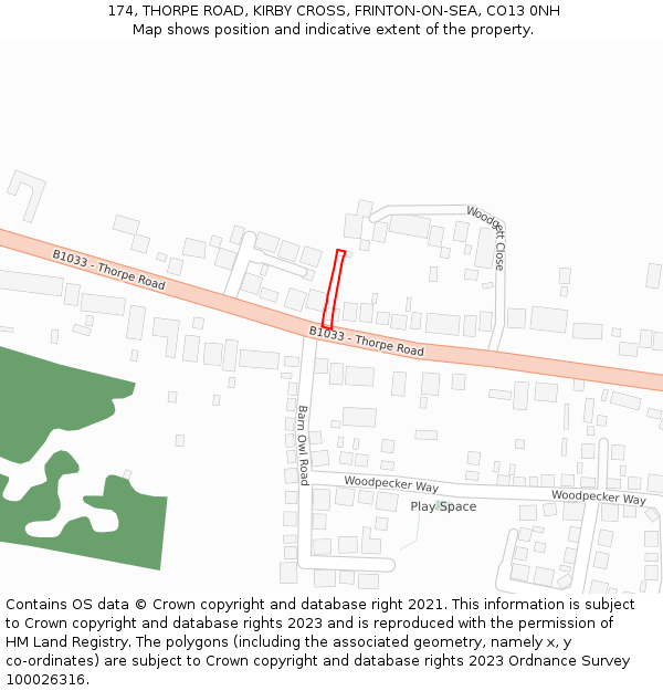 174, THORPE ROAD, KIRBY CROSS, FRINTON-ON-SEA, CO13 0NH: Location map and indicative extent of plot