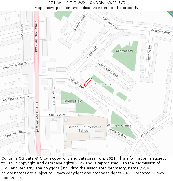174, WILLIFIELD WAY, LONDON, NW11 6YD: Location map and indicative extent of plot