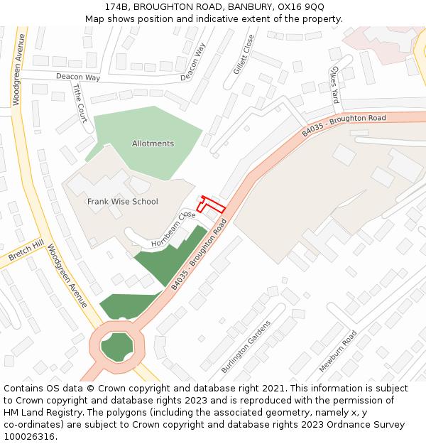 174B, BROUGHTON ROAD, BANBURY, OX16 9QQ: Location map and indicative extent of plot