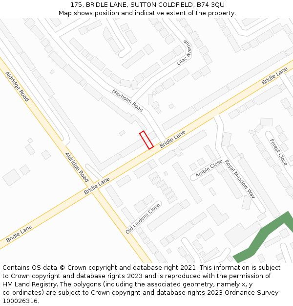 175, BRIDLE LANE, SUTTON COLDFIELD, B74 3QU: Location map and indicative extent of plot